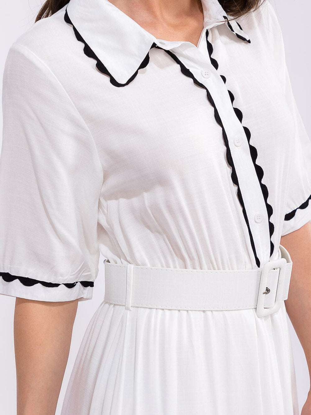 WOMEN'S SHORT SLEEVE BUTTON UP BELTED COLORBLOCK MAXI DRESS