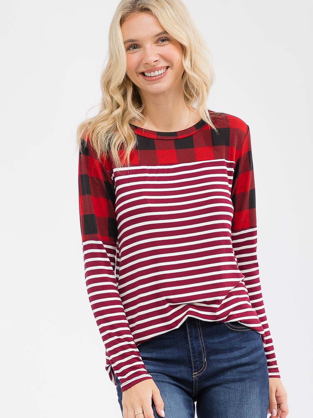 WOMEN'S LONG SLEEVE COLORBLOCK CONTRAST PRINT LOOSE FIT TOP