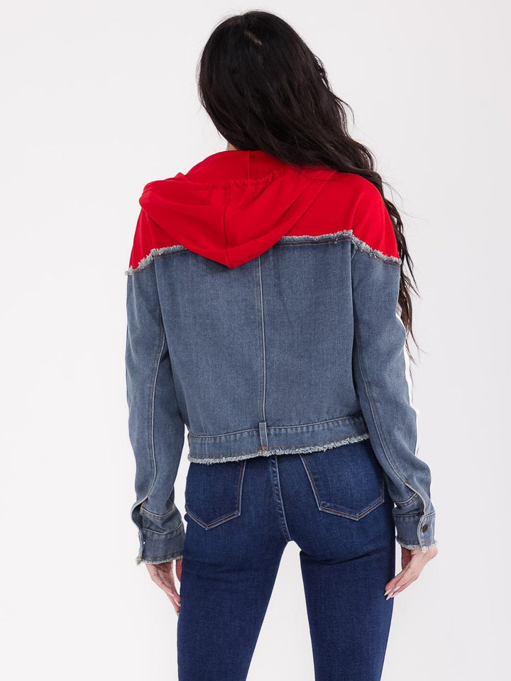 WOMEN'S LONG SLEEVE BUTTON CLOSURE FRONT POCKETS HOODED DENIM CONTRAST JACKET