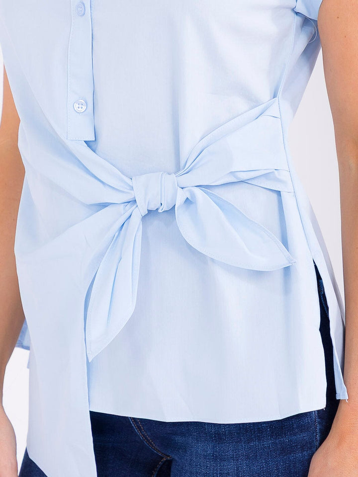 WOMEN'S SHORT SLEEVE BUTTON UP FRONT TIE BLOUSE