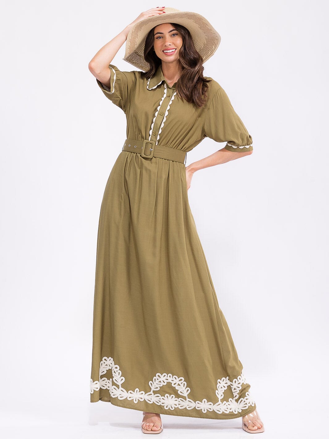 WOMEN'S SHORT SLEEVE BUTTON UP BELTED COLORBLOCK MAXI DRESS