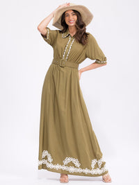 WOMEN'S SHORT SLEEVE BUTTON UP BELTED COLORBLOCK MAXI DRESS