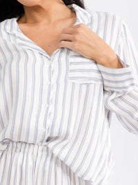 WOMEN'S LONG SLEEVE FRONT POCKET BUTTON UP STRIPES TOP