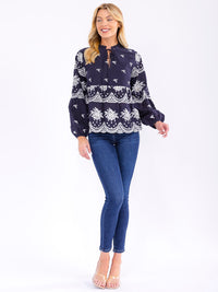 WOMEN'S LONG SLEEVE V-NECK CROCHET DETAILED BLOUSE