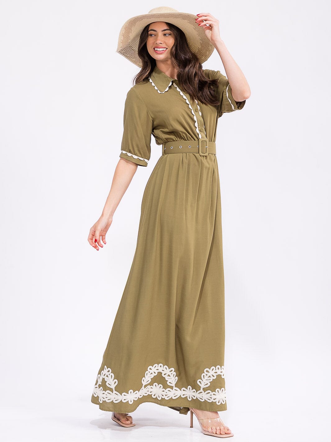 WOMEN'S SHORT SLEEVE BUTTON UP BELTED COLORBLOCK MAXI DRESS