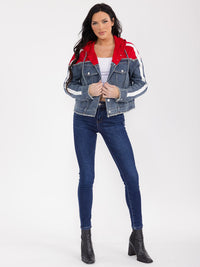 WOMEN'S LONG SLEEVE BUTTON CLOSURE FRONT POCKETS HOODED DENIM CONTRAST JACKET