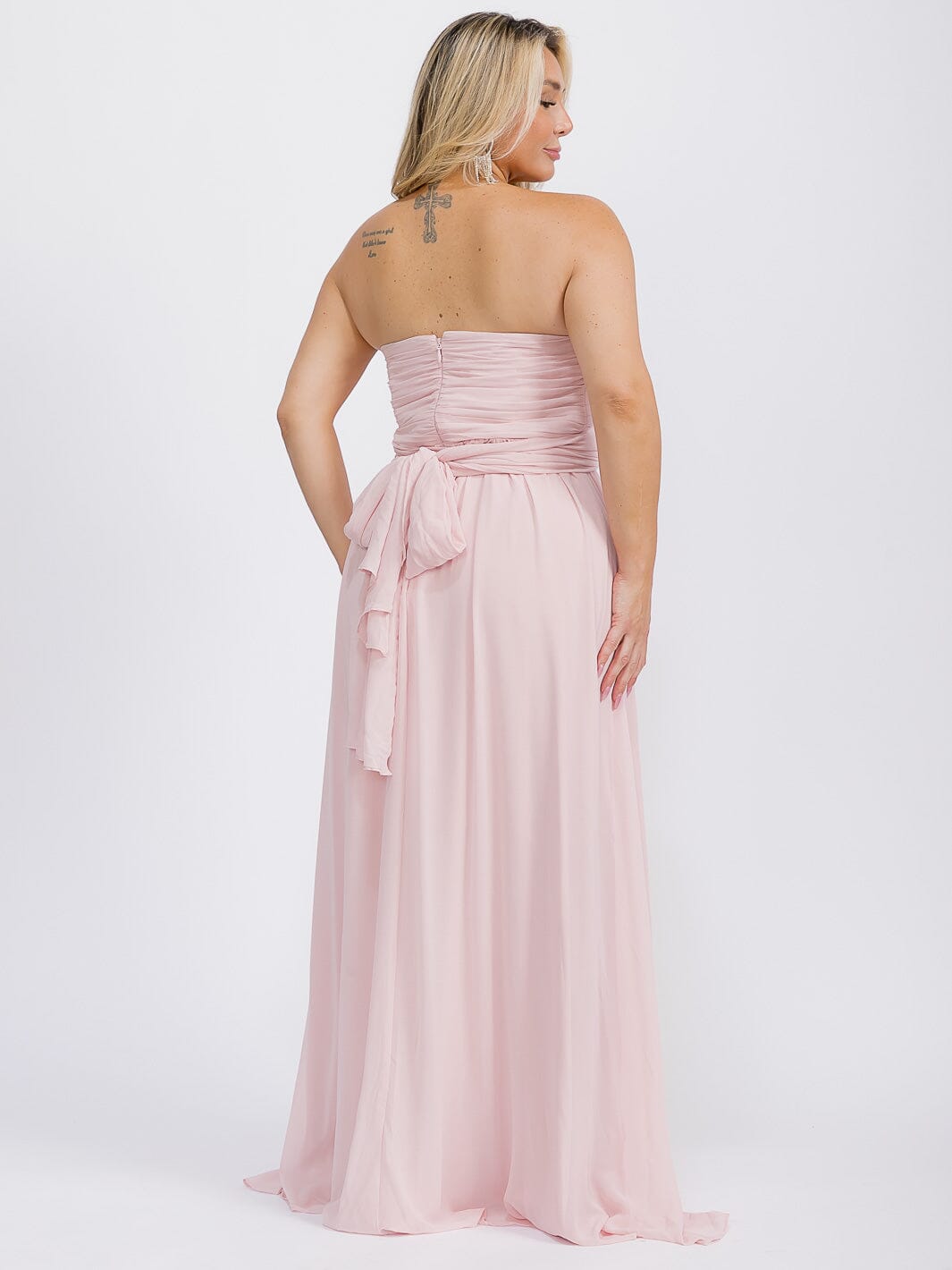 PUS SIZE SLEEVELESS V-NECK SELF TIE MAXI GOWN DRESS