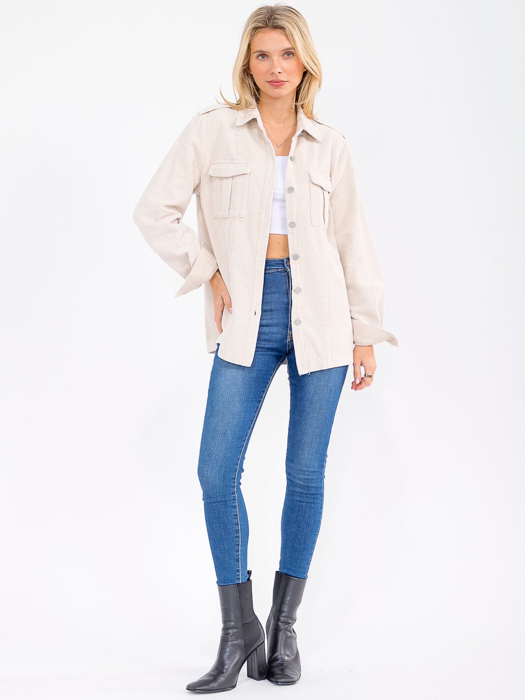 WOMEN'S LONG SLEEVE BUTTON CLOSURE FRONT POCKETS CORDUROY SHACKET