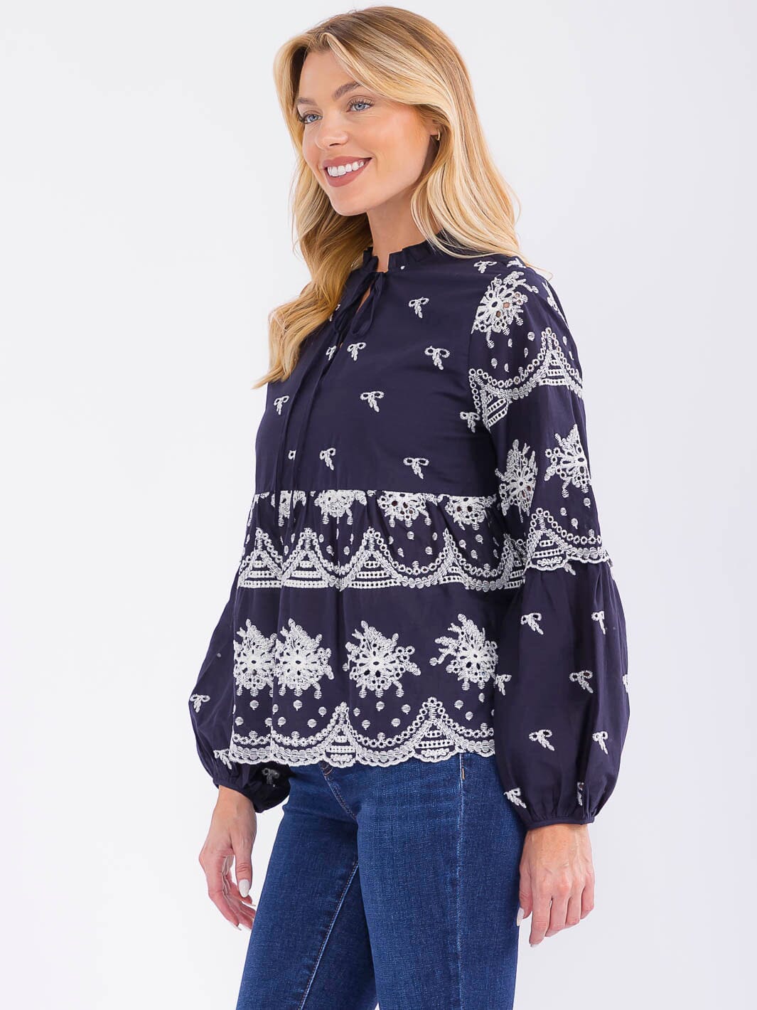 WOMEN'S LONG SLEEVE V-NECK CROCHET DETAILED BLOUSE