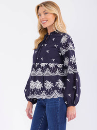WOMEN'S LONG SLEEVE V-NECK CROCHET DETAILED BLOUSE