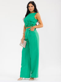 WOMEN'S SLEEVELESS SMOCK CROP TOP & ZIP UP WIDE LEG PANTS CROCHET DETAILED 2PC. SET