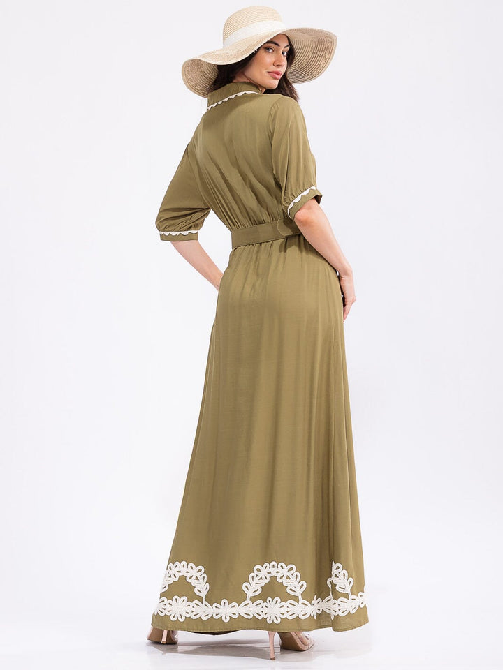 WOMEN'S SHORT SLEEVE BUTTON UP BELTED COLORBLOCK MAXI DRESS