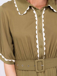 WOMEN'S SHORT SLEEVE BUTTON UP BELTED COLORBLOCK MAXI DRESS