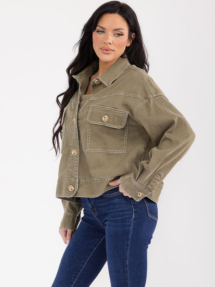 WOMEN'S LONG SLEEVE BUTTON CLOSURE FRONT POCKETS DENIM JACKET