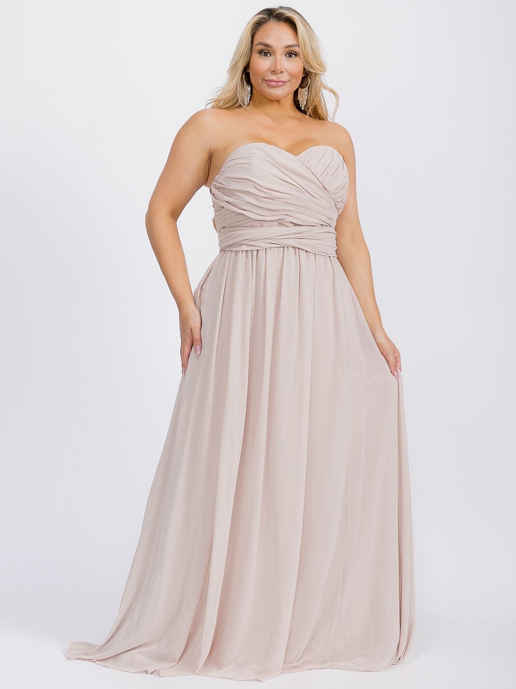 PUS SIZE SLEEVELESS V-NECK SELF TIE MAXI GOWN DRESS