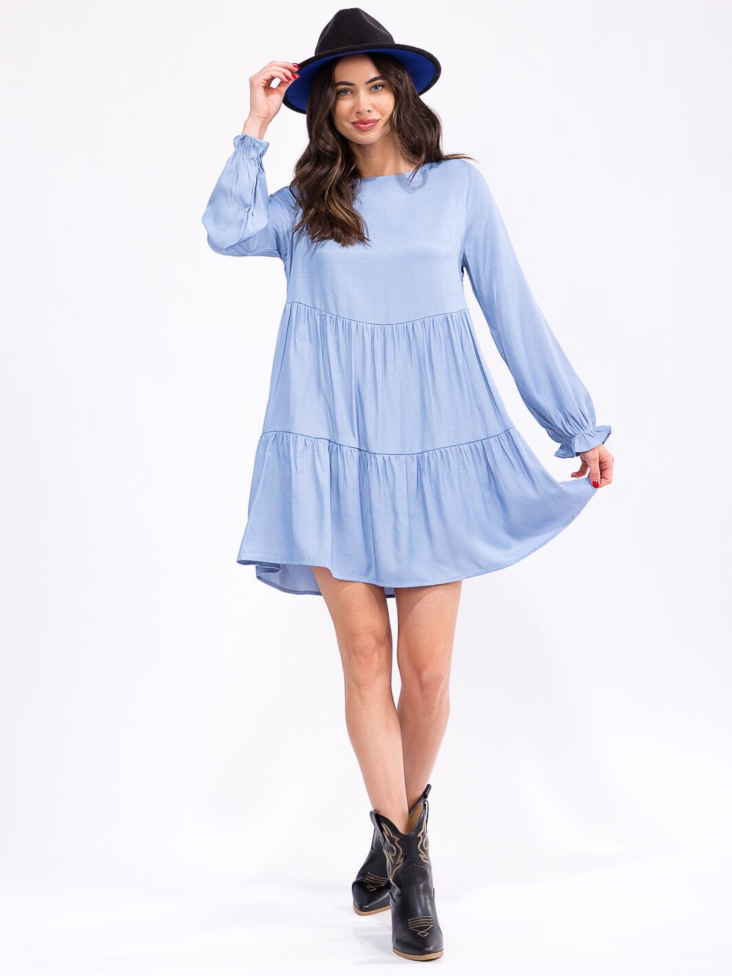 WOMEN'S LONG SLEEVE TIERED LOOSE FIT CHAMBRAY MIDI DRESS