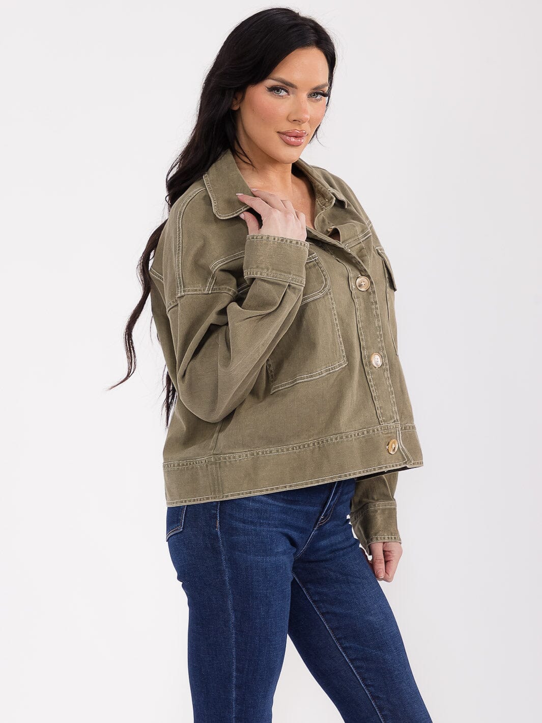 WOMEN'S LONG SLEEVE BUTTON CLOSURE FRONT POCKETS DENIM JACKET