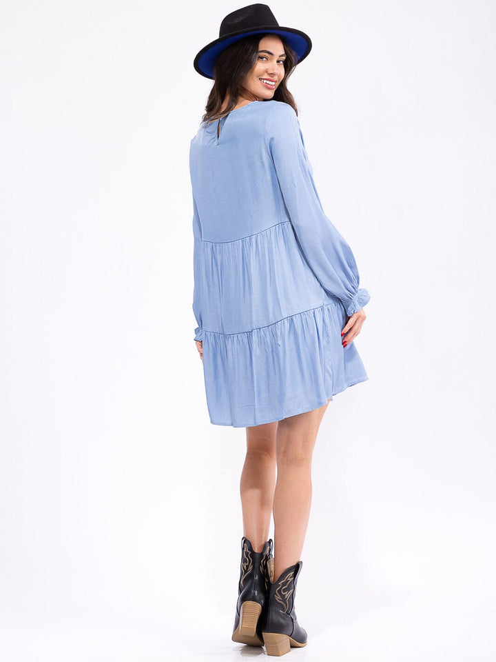 WOMEN'S LONG SLEEVE TIERED LOOSE FIT CHAMBRAY MIDI DRESS