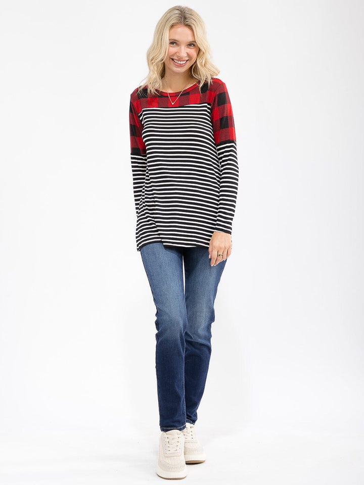 WOMEN'S LONG SLEEVE COLORBLOCK CONTRAST PRINT LOOSE FIT TOP