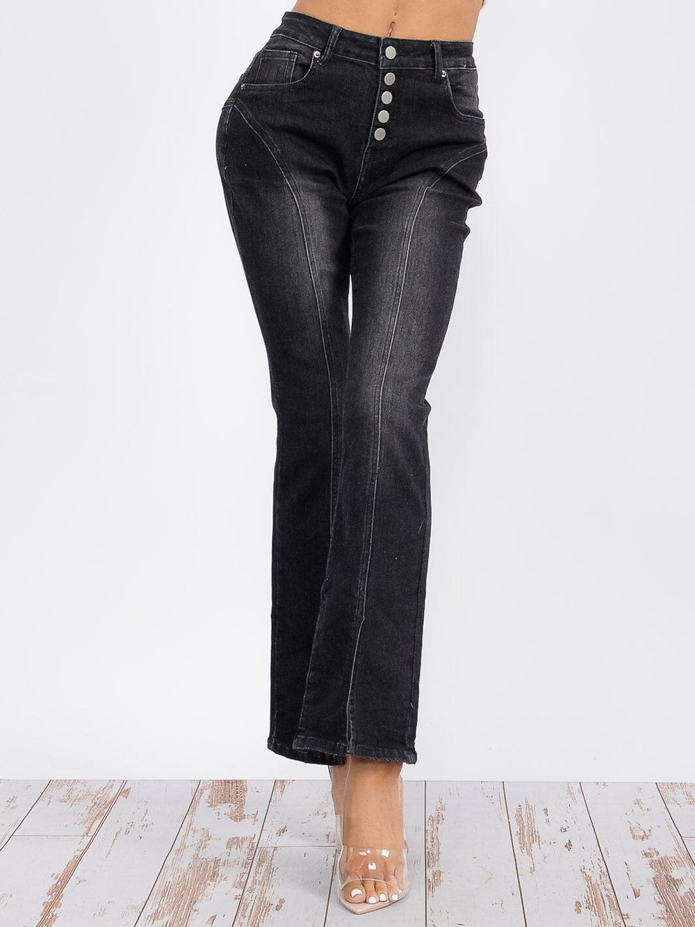 WOMEN'S BUTTON CLOSURE POCKETS WASHED DENIM BELL LEG PANTS