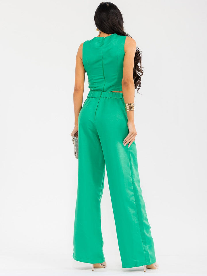 WOMEN'S SLEEVELESS SMOCK CROP TOP & ZIP UP WIDE LEG PANTS CROCHET DETAILED 2PC. SET