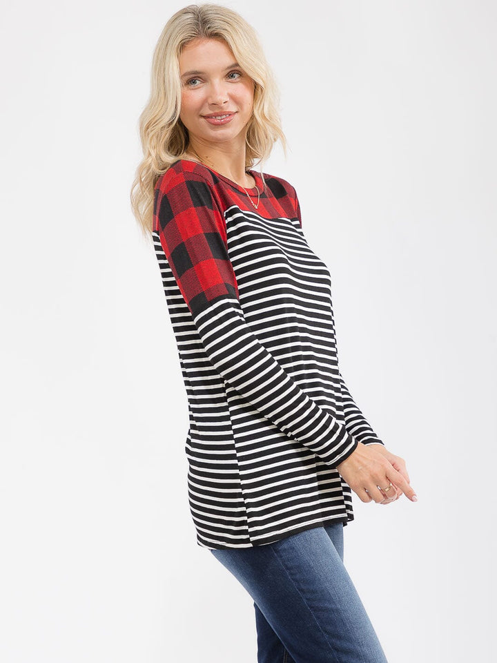 WOMEN'S LONG SLEEVE COLORBLOCK CONTRAST PRINT LOOSE FIT TOP