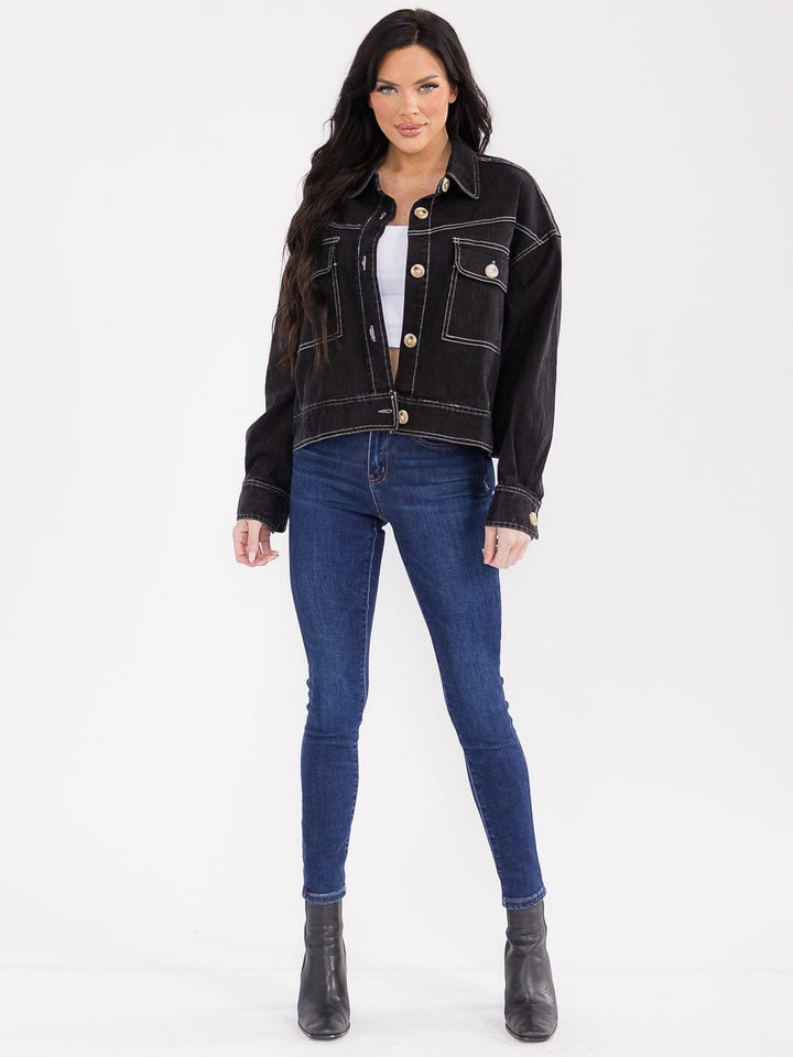 WOMEN'S LONG SLEEVE BUTTON CLOSURE FRONT POCKETS DENIM JACKET