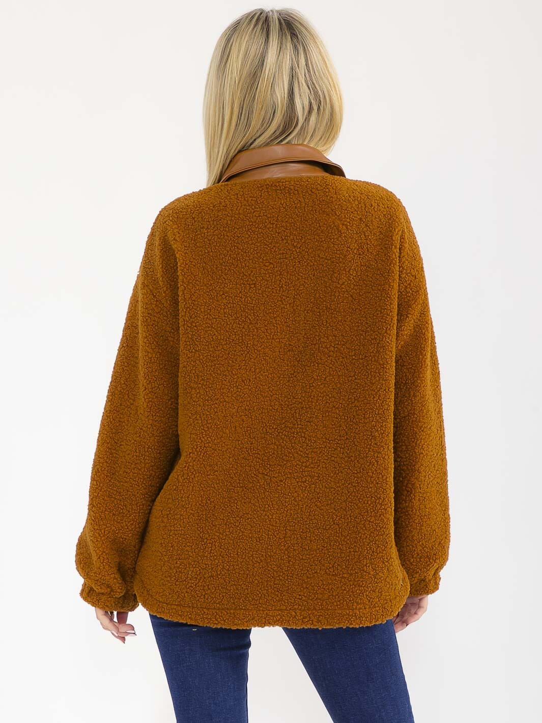 WOMEN'S LONG SLEEVE BUTTON CLOSURE FRONT POCKETS SHERPA PU CONTRAST JACKET