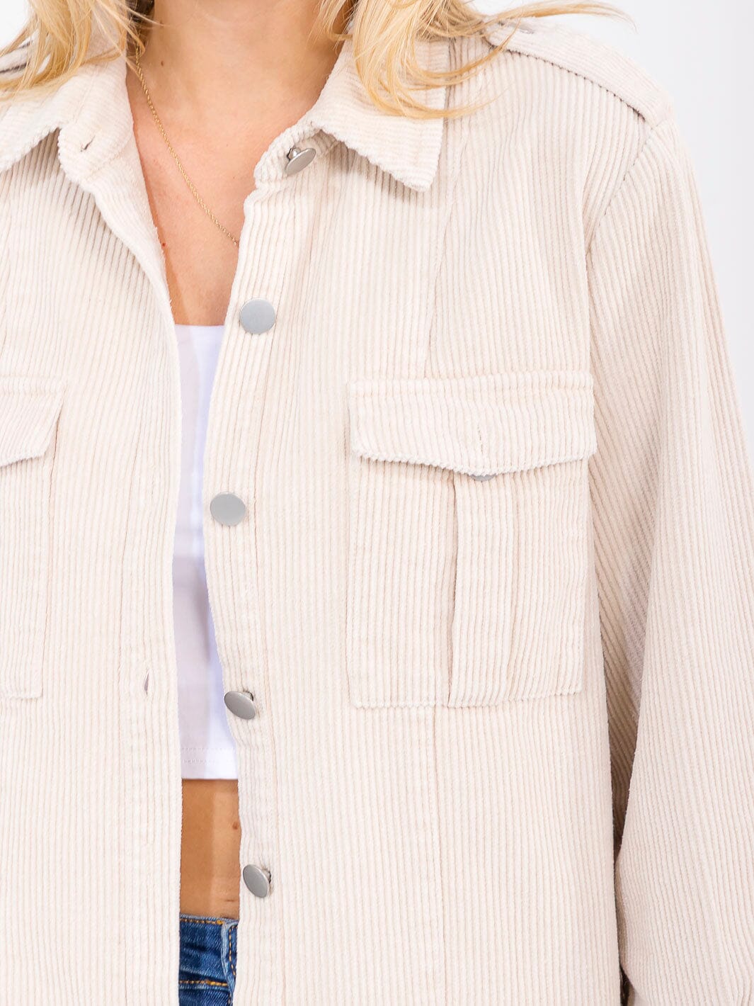 WOMEN'S LONG SLEEVE BUTTON CLOSURE FRONT POCKETS CORDUROY SHACKET