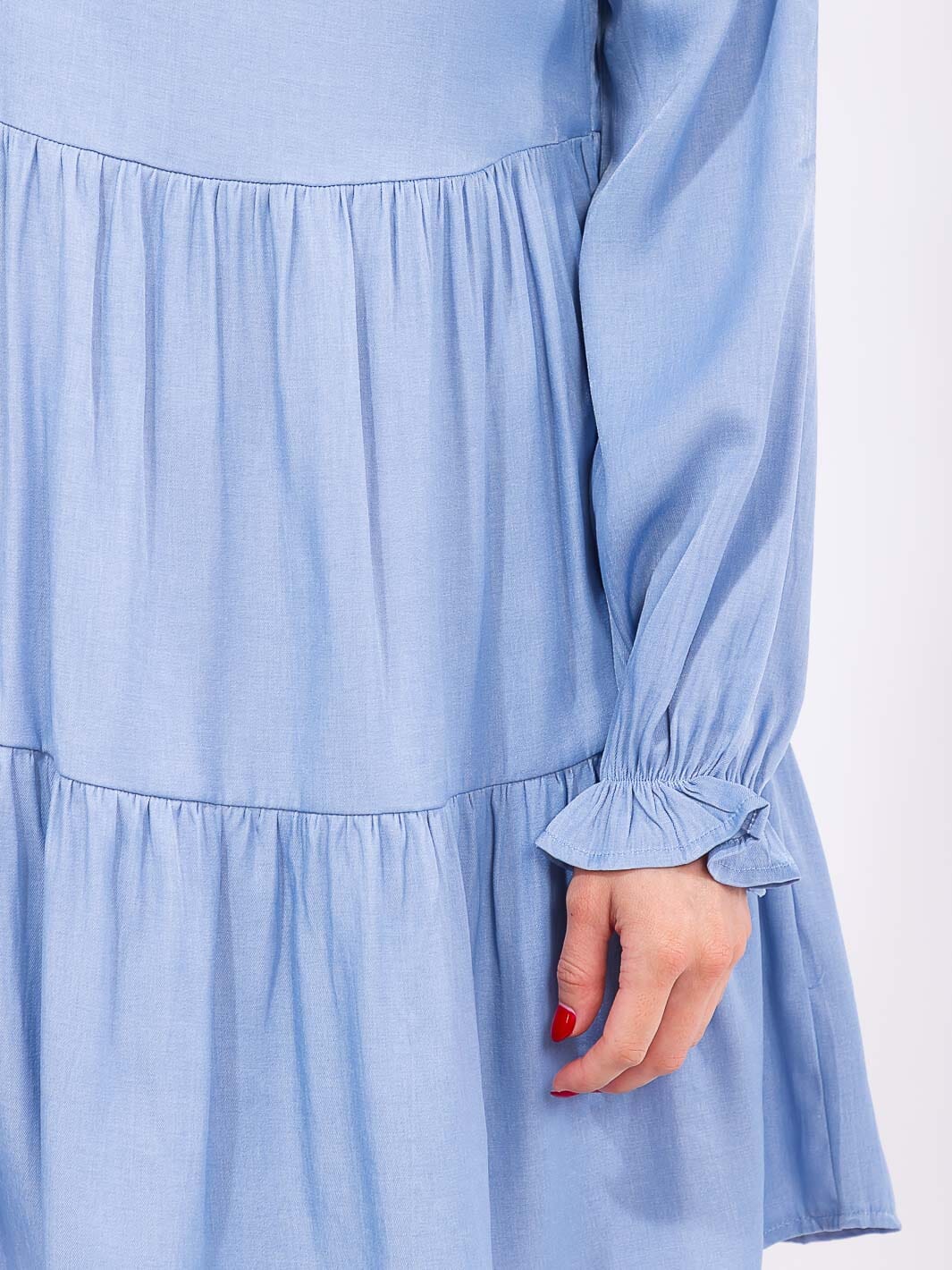 WOMEN'S LONG SLEEVE TIERED LOOSE FIT CHAMBRAY MIDI DRESS