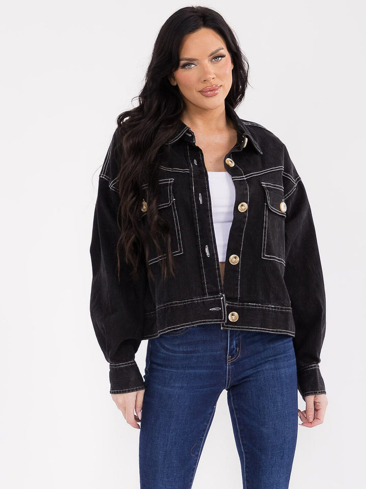 WOMEN'S LONG SLEEVE BUTTON CLOSURE FRONT POCKETS DENIM JACKET