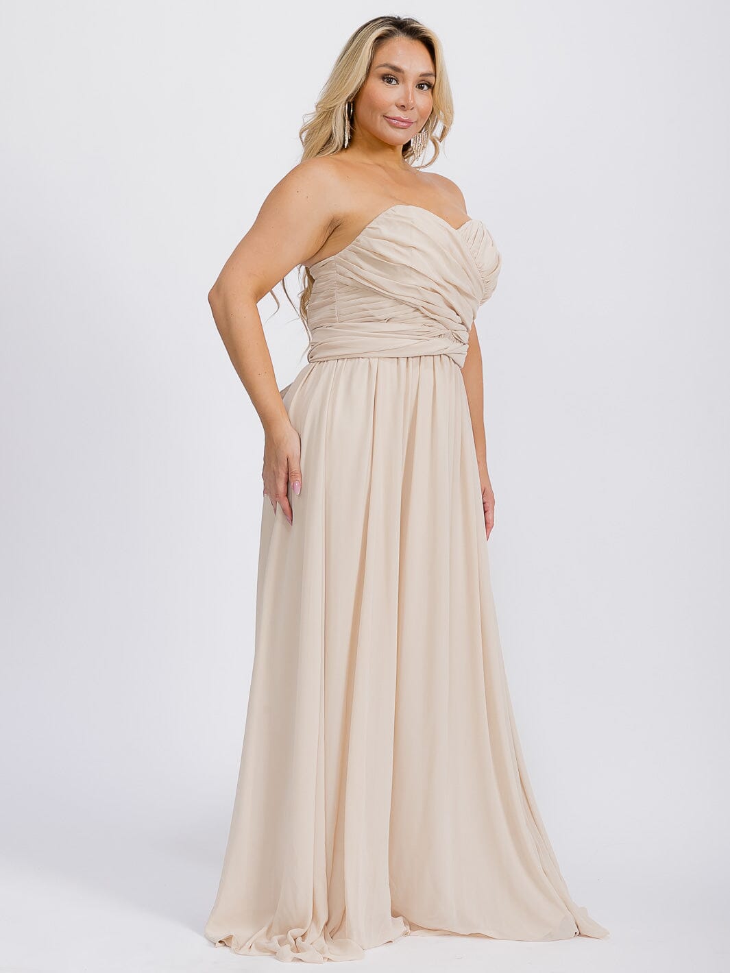 PUS SIZE SLEEVELESS V-NECK SELF TIE MAXI GOWN DRESS