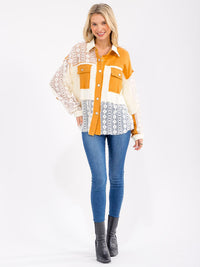 WOMEN'S LONG SLEEVE BUTTON UP COLORBLOCK CROCHET BLOUSE