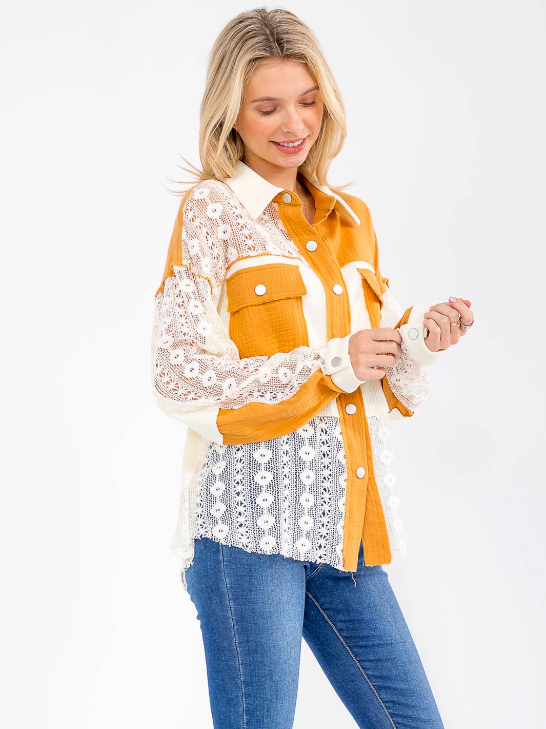 WOMEN'S LONG SLEEVE BUTTON UP COLORBLOCK CROCHET BLOUSE