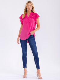 WOMEN'S SHORT SLEEVE BUTTON UP HIGH-LOW DETAILED BLOUSE