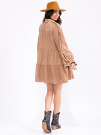 WOMEN'S LONG SLEEVE BUTTON UP POCKETS TIERED CORDUROY MINI DRESS