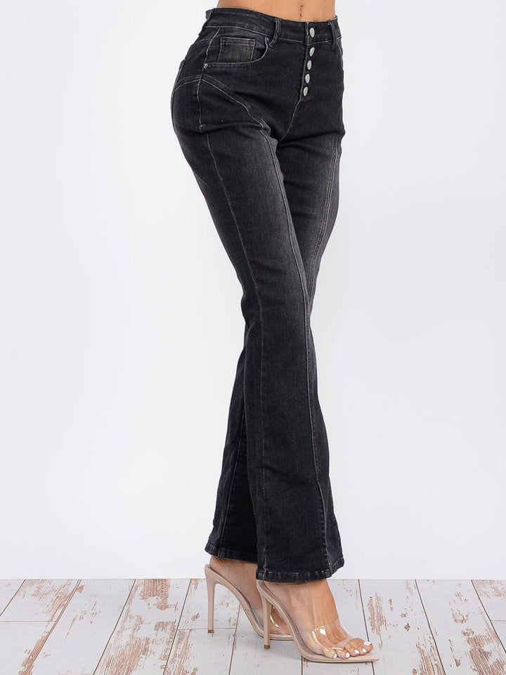 WOMEN'S BUTTON CLOSURE POCKETS WASHED DENIM BELL LEG PANTS