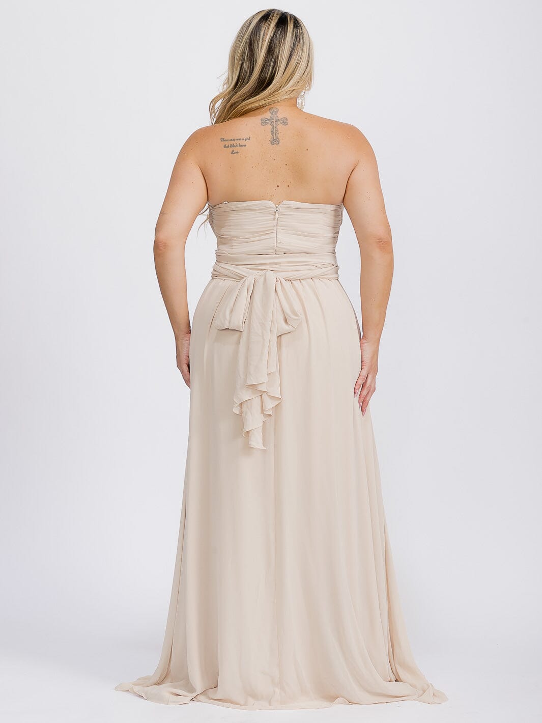 PUS SIZE SLEEVELESS V-NECK SELF TIE MAXI GOWN DRESS