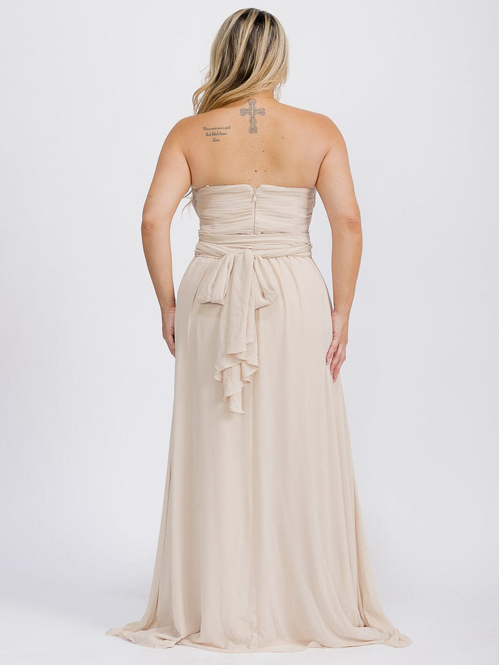 PUS SIZE SLEEVELESS V-NECK SELF TIE MAXI GOWN DRESS