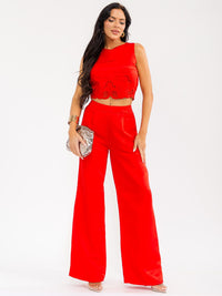 WOMEN'S SLEEVELESS SMOCK CROP TOP & ZIP UP WIDE LEG PANTS CROCHET DETAILED 2PC. SET