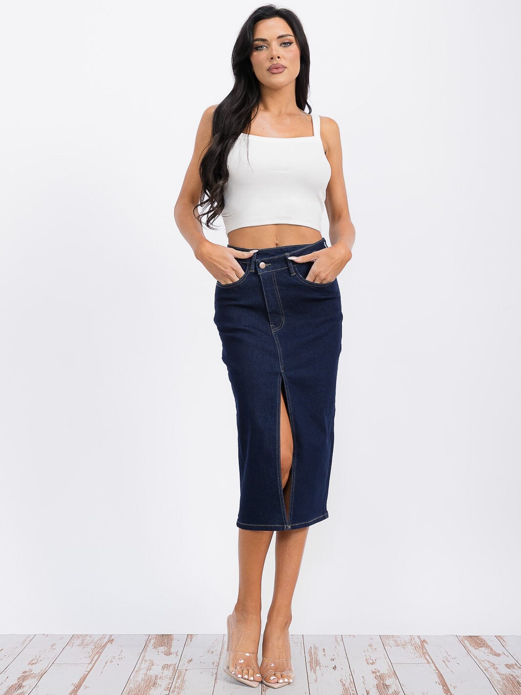 WOMEN'S BUTTON CLOSURE FRONT SLIT POCKETS DENIM MIDI SKIRT