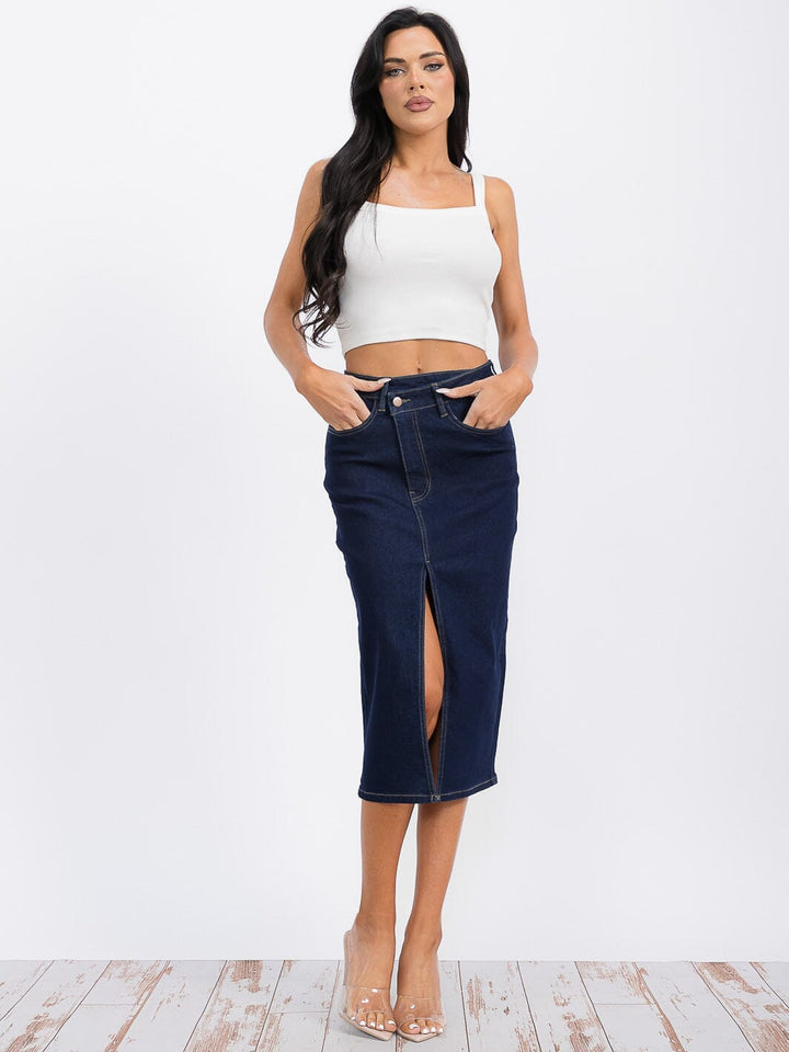 WOMEN'S BUTTON CLOSURE FRONT SLIT POCKETS DENIM MIDI SKIRT