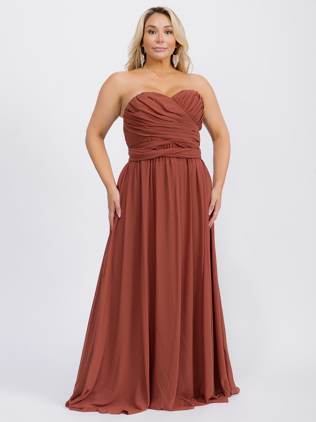 PUS SIZE SLEEVELESS V-NECK SELF TIE MAXI GOWN DRESS