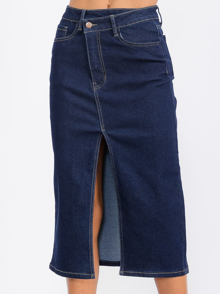 WOMEN'S BUTTON CLOSURE FRONT SLIT POCKETS DENIM MIDI SKIRT