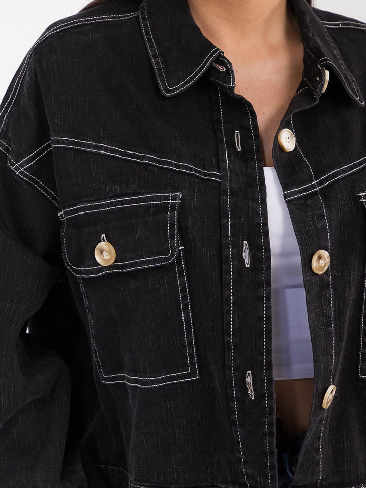 WOMEN'S LONG SLEEVE BUTTON CLOSURE FRONT POCKETS DENIM JACKET