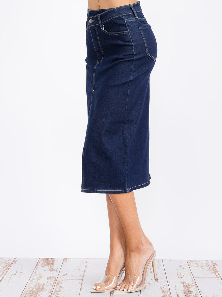 WOMEN'S BUTTON CLOSURE FRONT SLIT POCKETS DENIM MIDI SKIRT