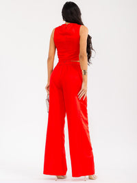 WOMEN'S SLEEVELESS SMOCK CROP TOP & ZIP UP WIDE LEG PANTS CROCHET DETAILED 2PC. SET