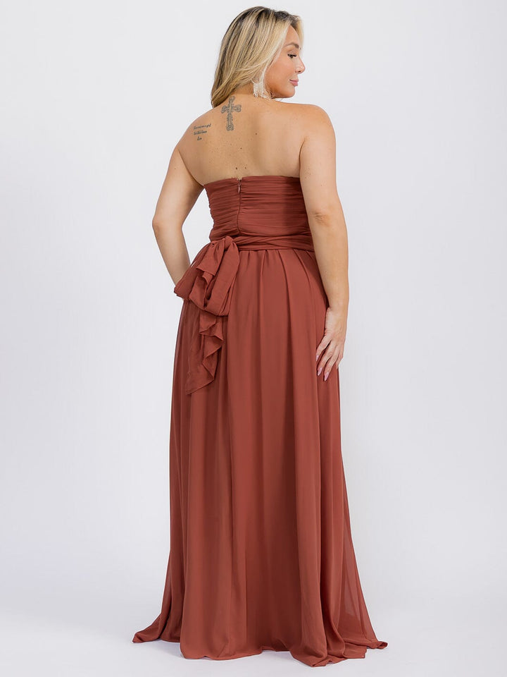 PUS SIZE SLEEVELESS V-NECK SELF TIE MAXI GOWN DRESS