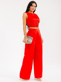 WOMEN'S SLEEVELESS SMOCK CROP TOP & ZIP UP WIDE LEG PANTS CROCHET DETAILED 2PC. SET