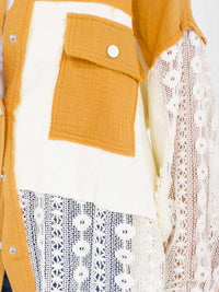 WOMEN'S LONG SLEEVE BUTTON UP COLORBLOCK CROCHET BLOUSE